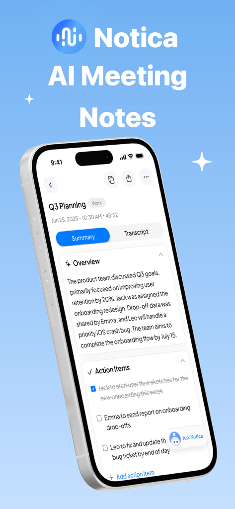 Notica - AI Meeting Notes - Interface de l'application Notica montrant un résumé de réunion généré par IA et une liste d'éléments d'action sur un iPhone