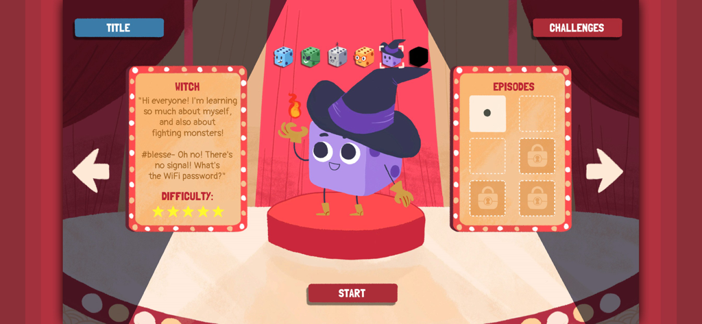 Dicey Dungeons - Witch character selection screen in Dicey Dungeons featuring a purple die character wearing a witch hat on a stage