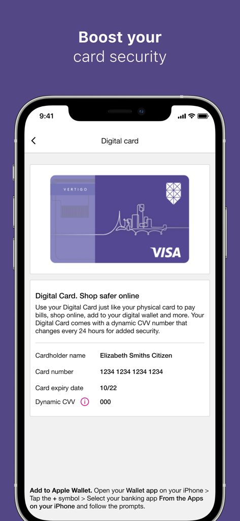 A smartphone screen displaying the Bank of Melbourne digital card feature with dynamic CVV for enhanced online security.