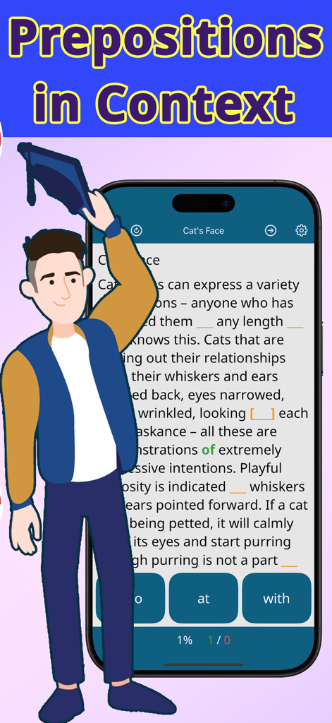 Un écran de smartphone montrant l'application Learn English Prepositions avec un quiz de grammaire contextuel et un personnage d'étudiant