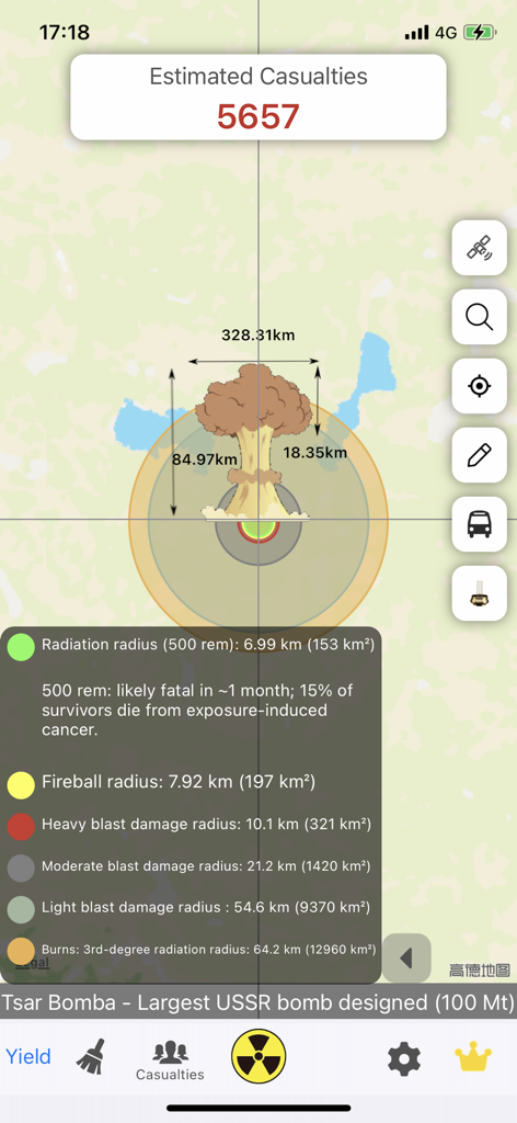Nuke Simulator - Blast Map - Map showing the simulated blast radius and estimated casualties of a Tsar Bomba nuclear explosion.