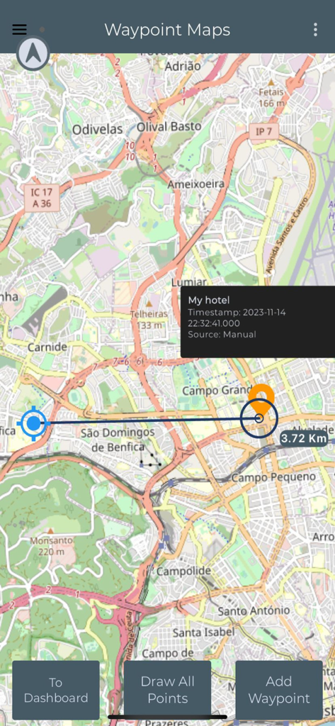 GPS Waypoints Lite - Interfaz de mapa de GPS Waypoints Lite que muestra una ruta y la medición de distancia.