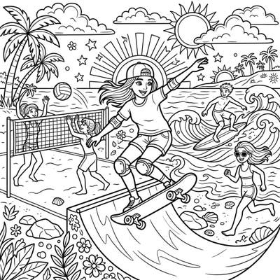 Get ready for an energetic summer with this fantastic coloring page designed for teens. Featuring a mix of beach volleyball, skateboarding, and surfing, it captures the thrill of warm-weather sports and outdoor fun.
