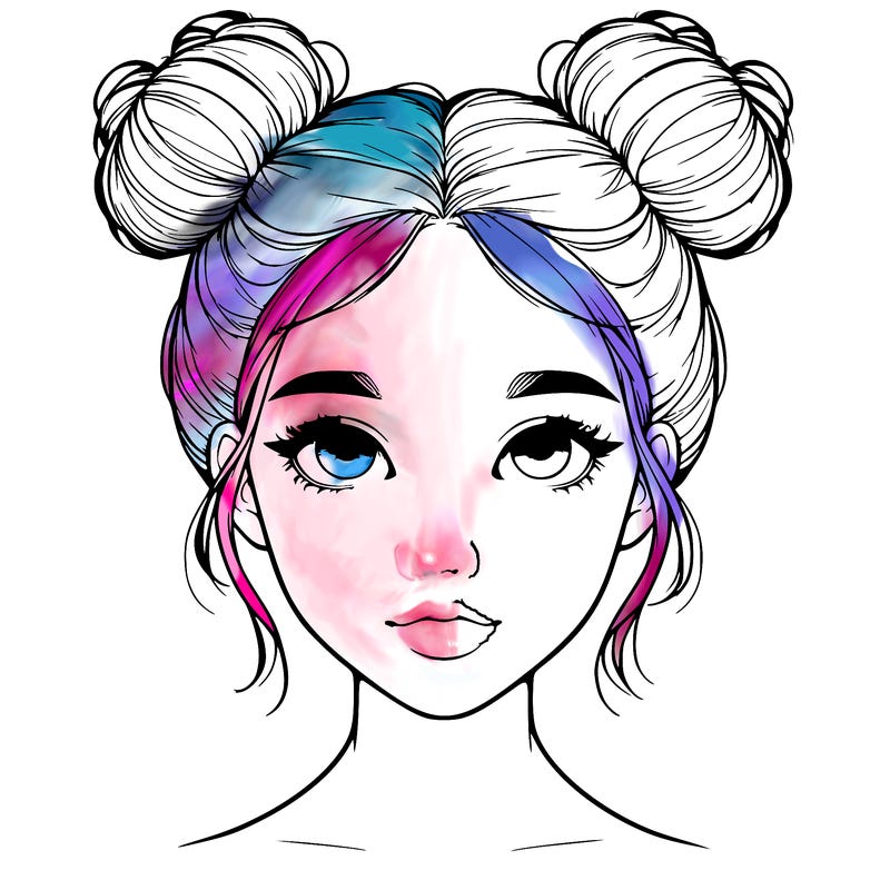 realistic girl with two buns on top of her head