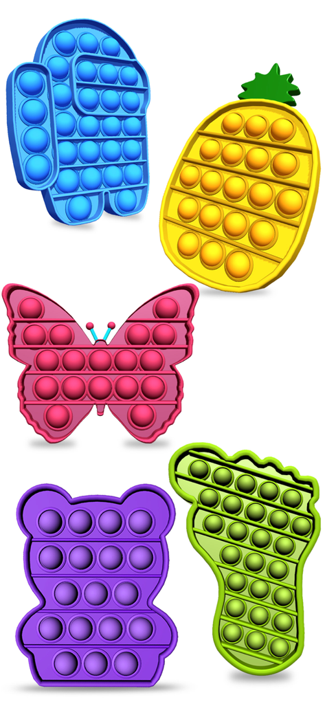 A collection of colorful pop-it fidget toys in various shapes like a butterfly and pineapple for stress relief.