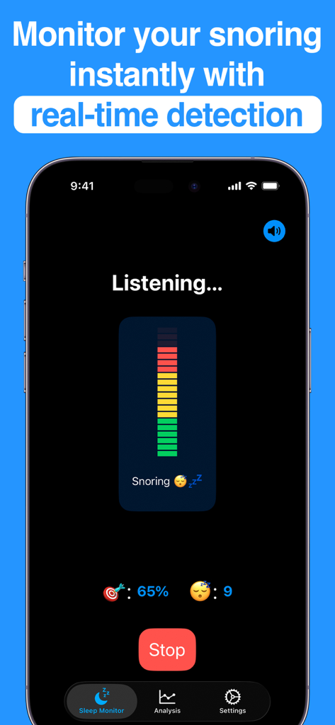 Snore Alarm - Snore Alarm mobile app screen showing real time snoring detection and intensity levels