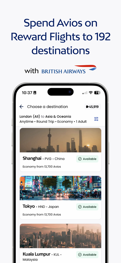 Avios: Shop, Collect & Travel - Aviosモバイルアプリの画面で、上海や東京などの国際目的地への特典フライトオプションが表示されています