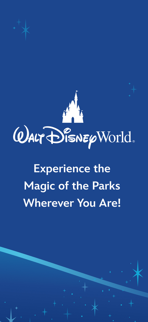 Tela de apresentação do aplicativo Walt Disney World com ícone de castelo e slogan da magia dos parques