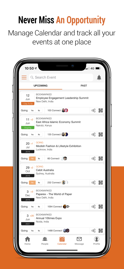 10times - Find Event & Network - Mobile app screen showing a list of upcoming bookmarked business events in a calendar view