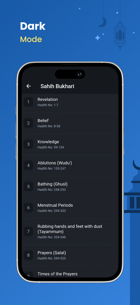 Hadith Collection app displaying chapters of Sahih Bukhari in dark mode interface