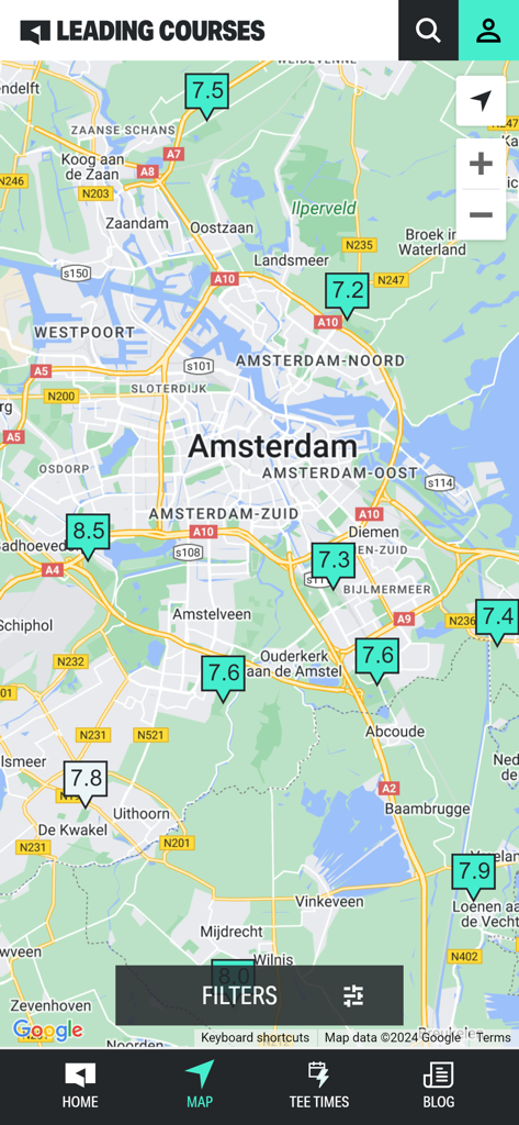 Kartenoberfläche der Leading Courses App, die Golfplatzbewertungen in Amsterdam anzeigt