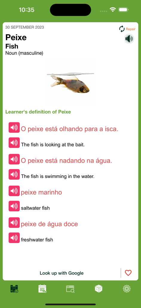 Brazil Word of the Day - Interface de l'application Brésil Mot du Jour enseignant le mot portugais Peixe avec traduction et phrases d'exemple