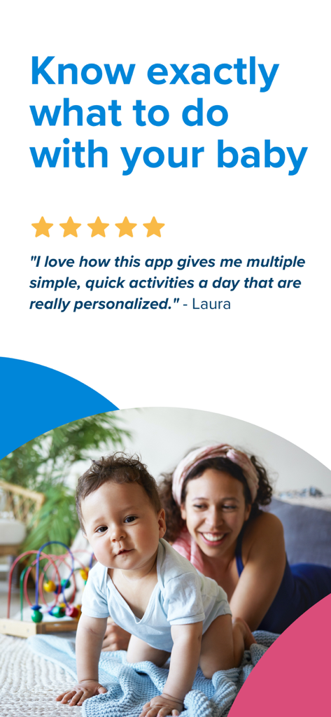 Smiling mother watching her baby crawl with a five star user review about personalized activities