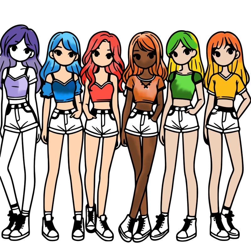 a group of girls wearing crop tops and shorts