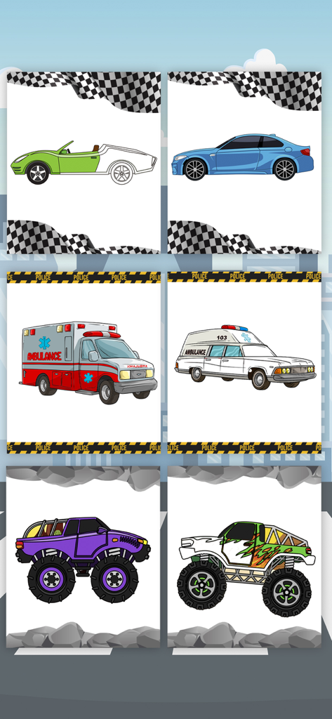 Magic cars coloring book game - Selezione di pagine da colorare di veicoli con auto, ambulanze e monster truck