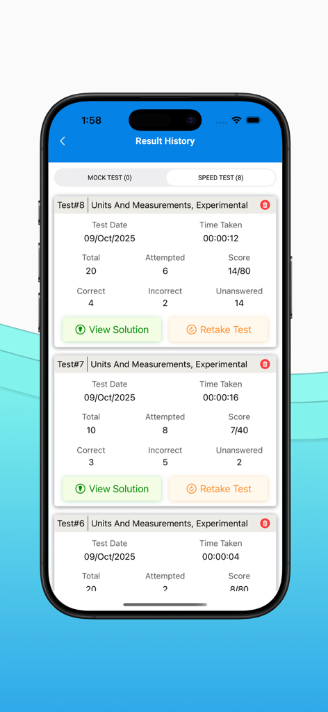 NEETPrep: Papers & Mock Tests - Una pantalla de historial de resultados en la aplicación NEETPrep que muestra el análisis de rendimiento y las puntuaciones de varias pruebas de velocidad.