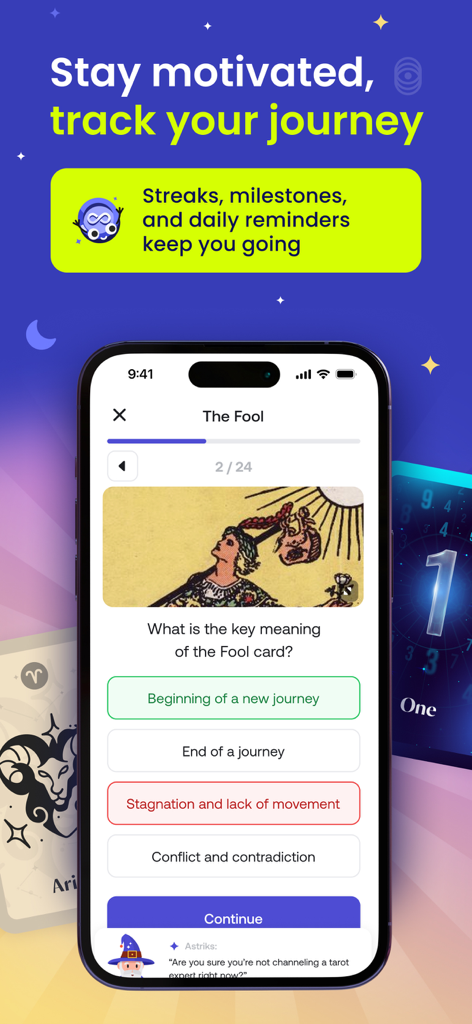Astra Trainer - Interactive tarot quiz on the Astra Trainer app showing a lesson about The Fool card with motivational streak tracking.