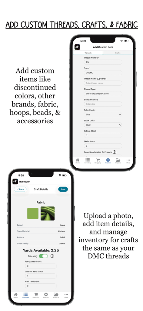 Threadster - Interfaz de la aplicación Threadster para añadir hilos personalizados y gestionar detalles del inventario de telas