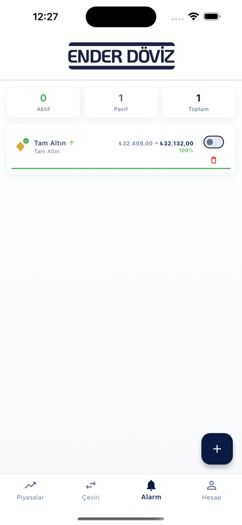 Ender Döviz - La pantalla de gestión de alarmas de la aplicación financiera Ender Doviz que muestra un rastreador de precios de oro.