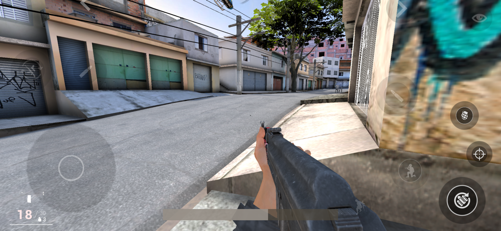 Complexo Favela - First person shooter view of a player holding an assault rifle in a realistic favela street