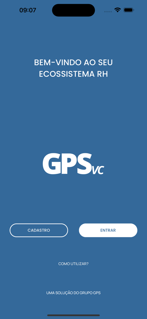 GPSvc - A tela de boas-vindas do aplicativo móvel GPSvc para gerenciamento de RH.
