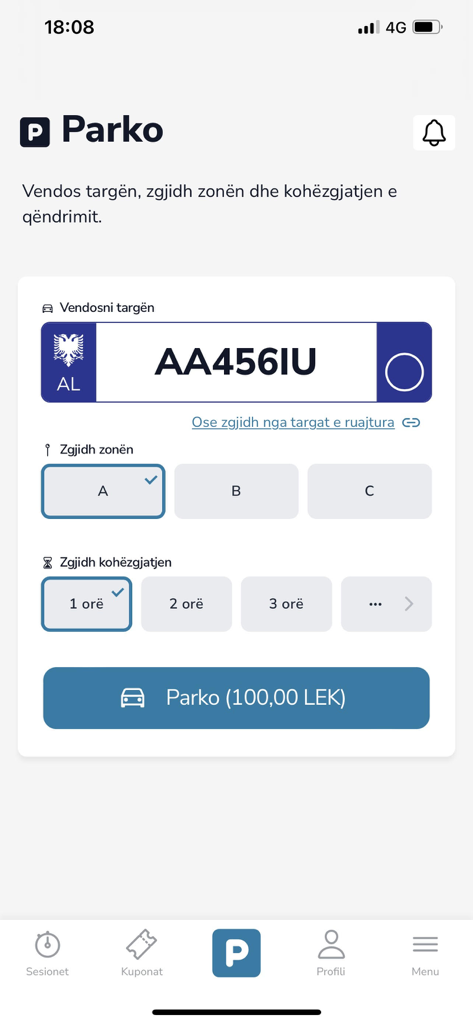 Tirana Parking - Tirana Parking app screen for entering license plate and choosing a parking zone.