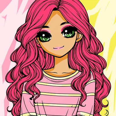 realistic girl with long, wavy hair and cute shirt