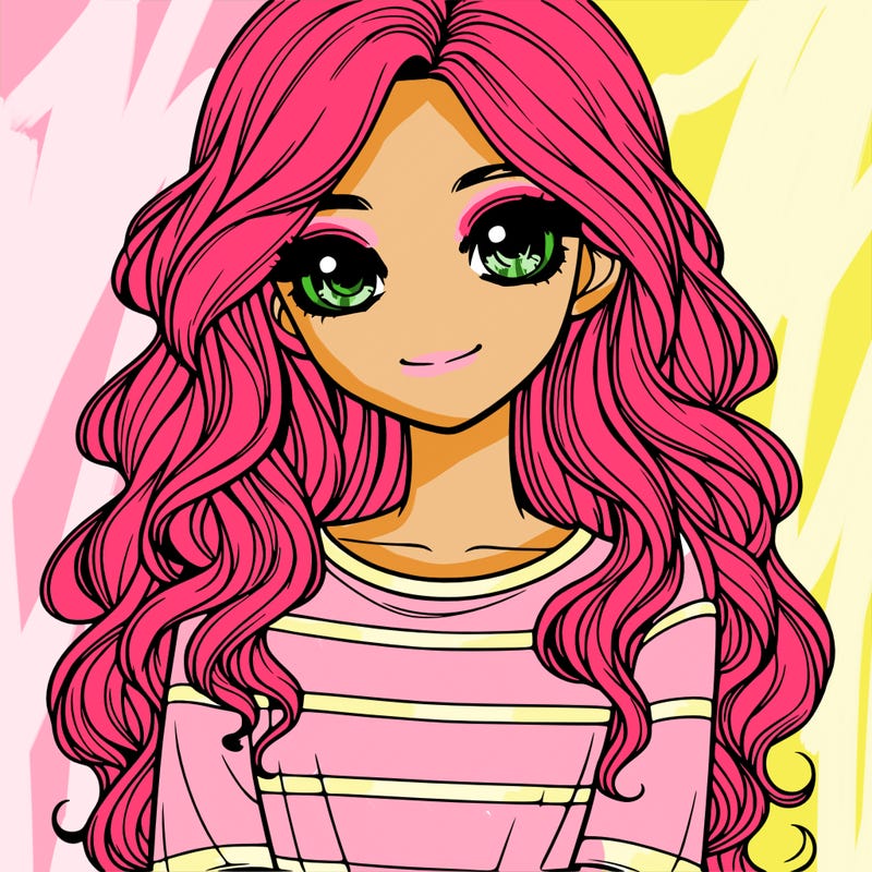 realistic girl with long, wavy hair and cute shirt
