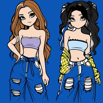 2 girls in crop tops and baggy jeans ripped
