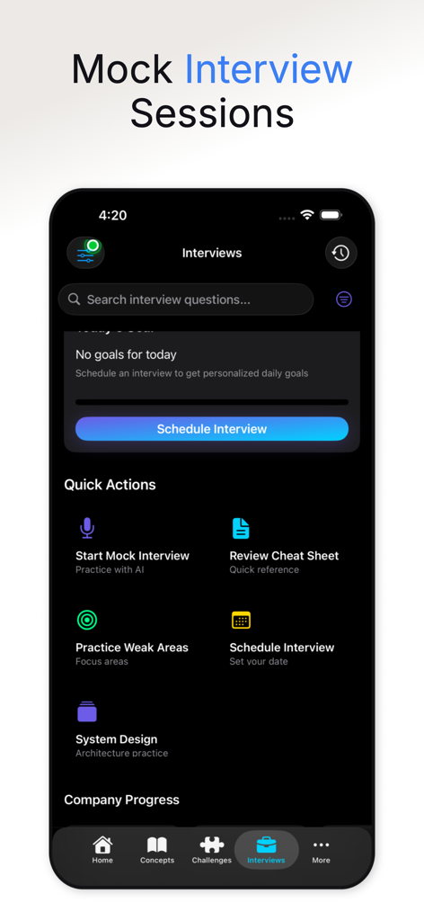 기술 준비를 위한 모의 면접 예약 및 빠른 작업을 보여주는 DSA Master 앱 인터페이스.