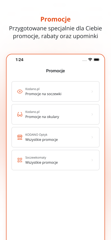 KODANO - KODANO mobile app screen displaying categories for contact lens and glasses promotions.