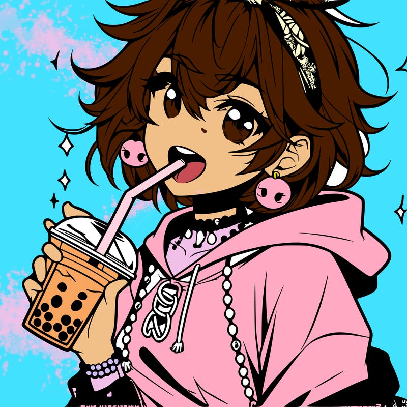 hot baddie anime girl drinking boba and biting the straw