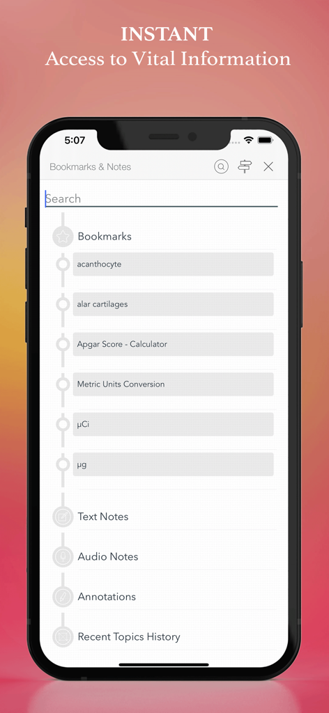 Dorland Pkt Medical Dictionary - Bookmarks and notes screen in the Dorland Medical Dictionary app.