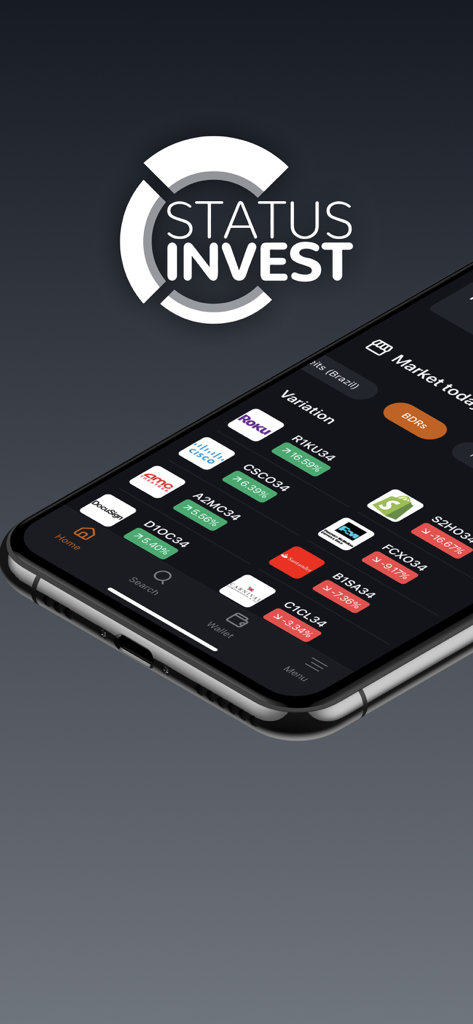 Status Invest - Painel do aplicativo Status Invest em um smartphone exibindo variações do mercado de ações em tempo real e rastreamento de investimentos.