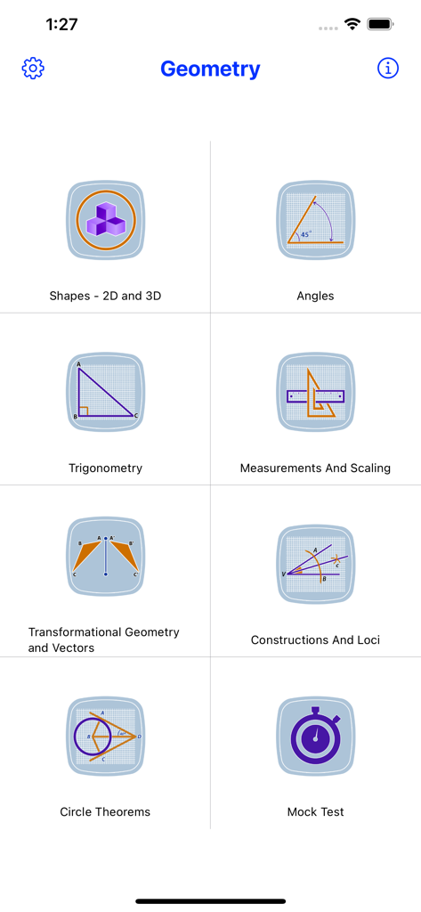 GCSE Maths : Geometry Lite - Panel principal de la aplicación GCSE Maths Geometry Lite que muestra temas de estudio como trigonometría y ángulos