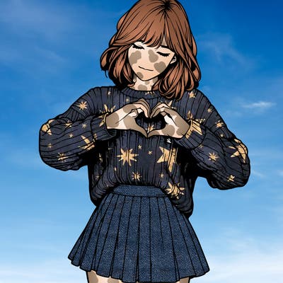 realistic girl in sweater and skirt making a heart with her hands