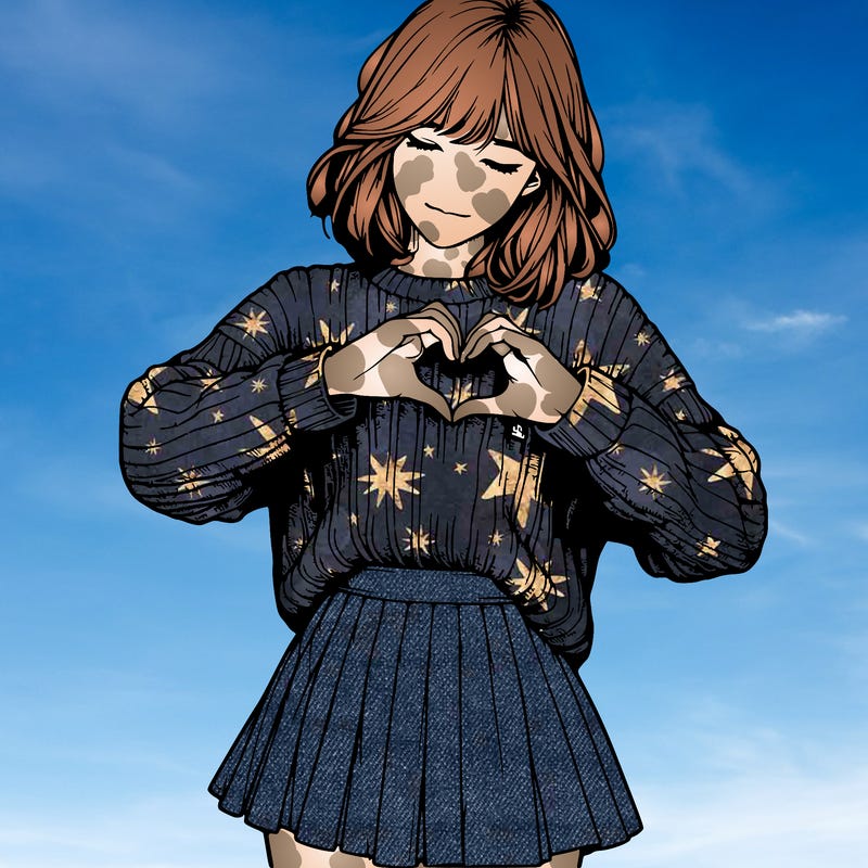 realistic girl in sweater and skirt making a heart with her hands