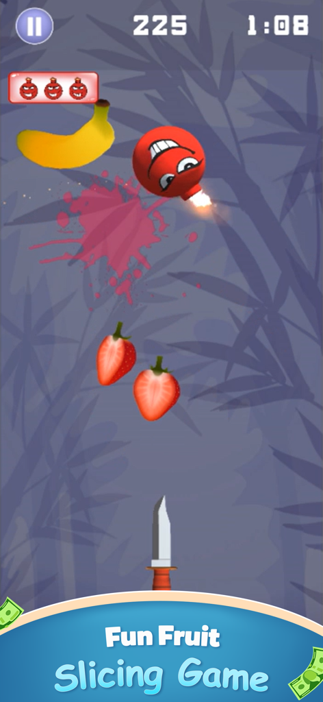 Fruit Fighter: skillz prizes - Gameplay screenshot of Fruit Fighter slicing game featuring a knife fruits and a bomb
