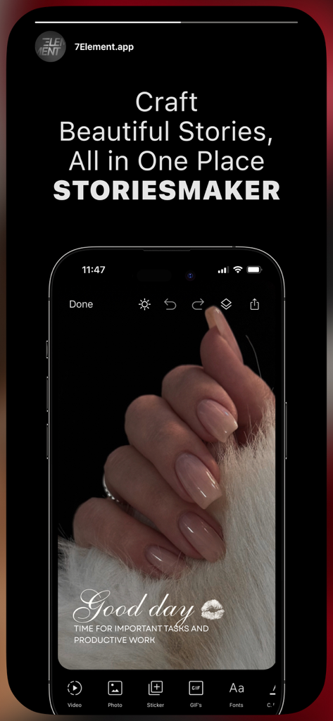 7Element: Fonts, Stickers, Sub - 7Element app interface showing a story being created with aesthetic fonts and stickers