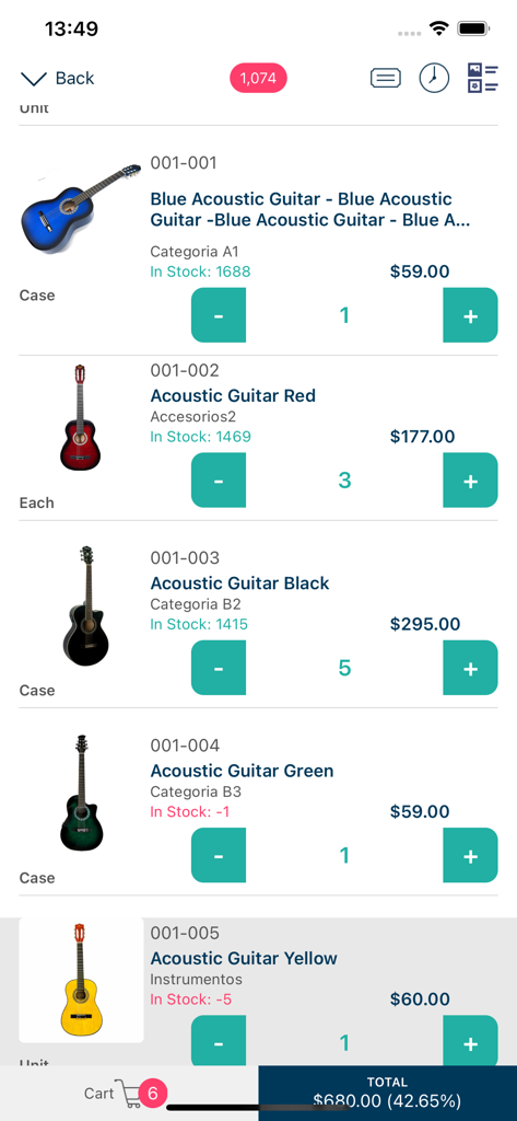 Listaso Van Sales mobile app showing a digital product catalog of acoustic guitars with stock levels and order quantities.