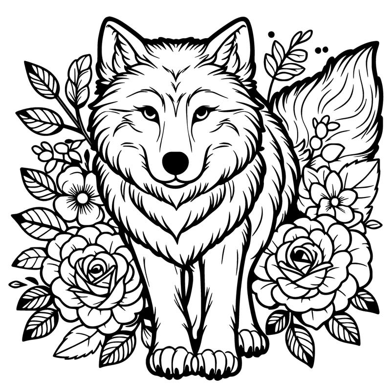 wolf with flowers around it realistic