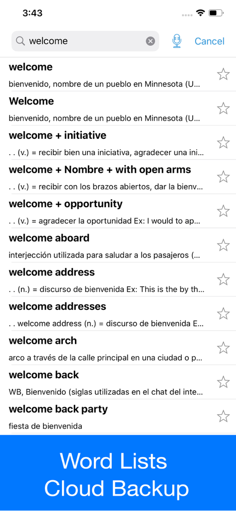 Spanish Dictionary - Dict Box - Interface of Spanish Dictionary - Dict Box app showing translations and phrases for the word welcome.