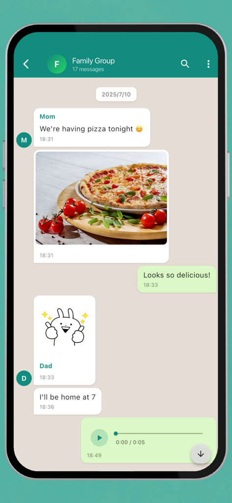 WA Chat Export Viewer App zeigt einen wiederhergestellten Familienchat mit einem Foto einer Pizza und einer Sprachnotiz