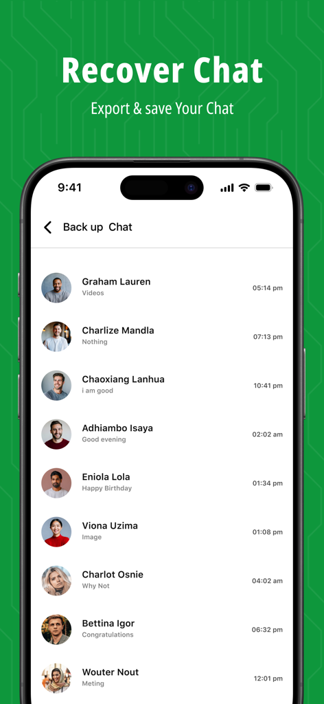 WA: Recover Deleted Messages - WA Recover Deleted Messages app screen showing a list of chat backups from various contacts