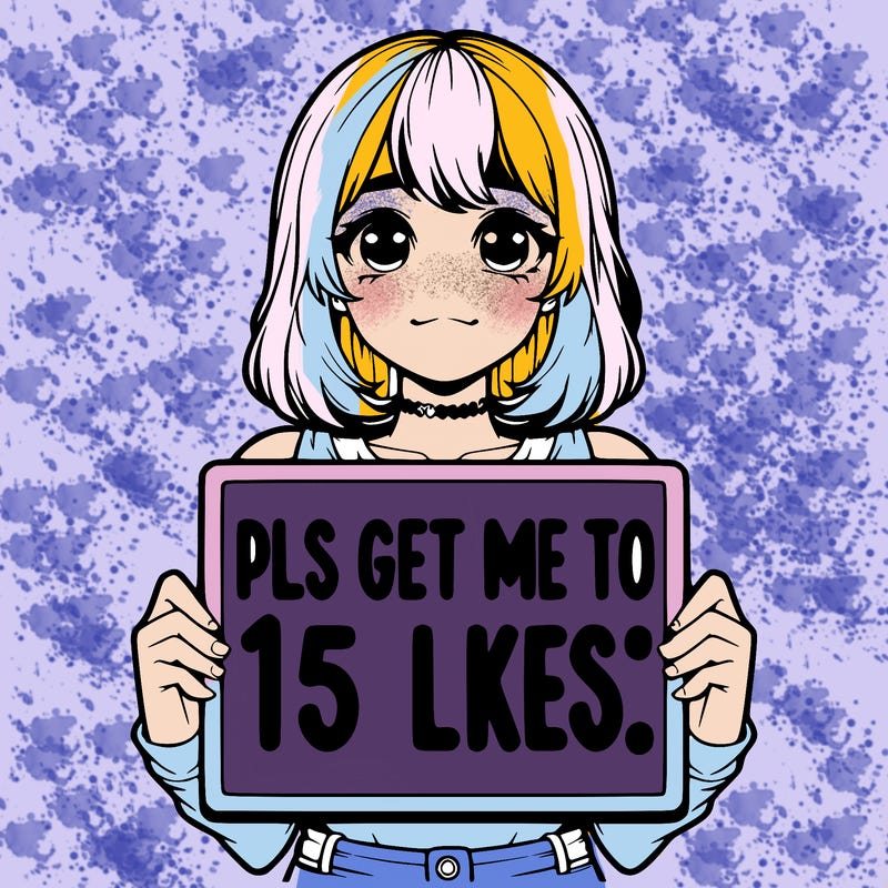 realistic girl holding up a sign that says “pls get me to 15 likes!”