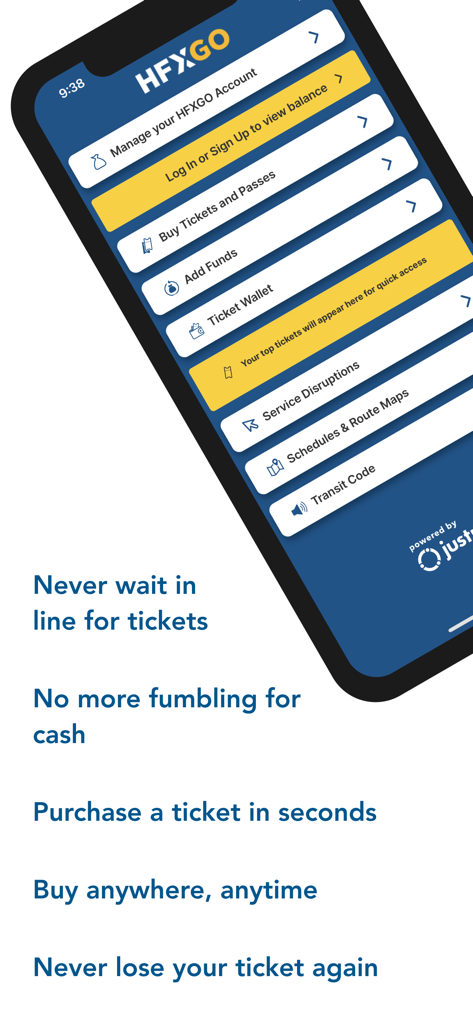HFXGO transit app on a smartphone screen showing menu options for buying tickets and digital wallet benefits