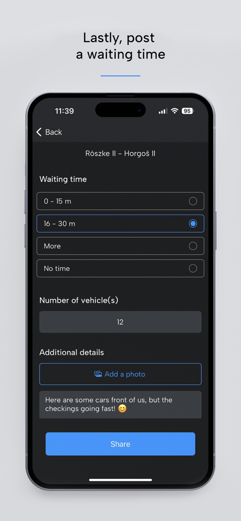 BorderWatcher - Schermata per l'invio dei tempi di attesa ai confini in tempo reale e del numero di veicoli nell'app BorderWatcher.