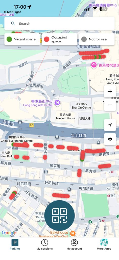HKeMeter - HKeMeter app interface displaying a map with real-time occupancy status for street parking spaces