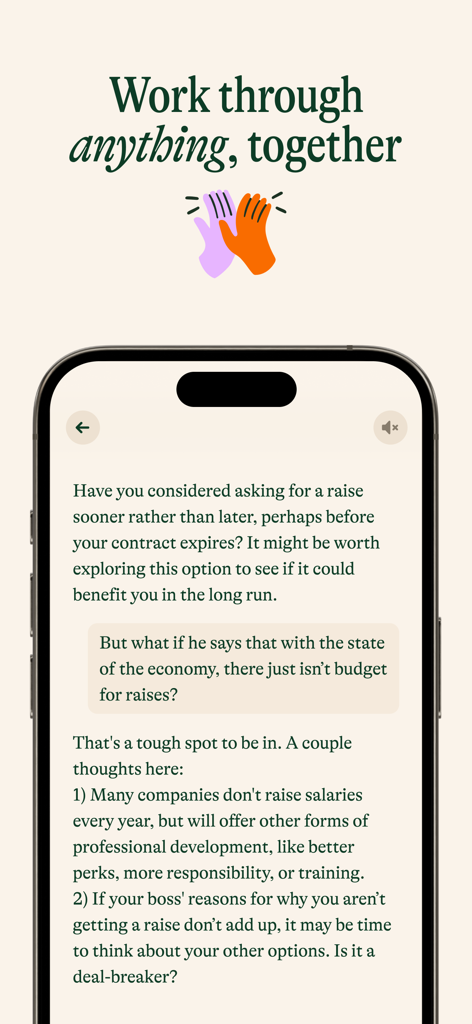 Pi, your personal AI - Interfaz de la aplicación Pi IA personal que muestra una conversación que brinda asesoramiento profesional sobre cómo solicitar un aumento de sueldo