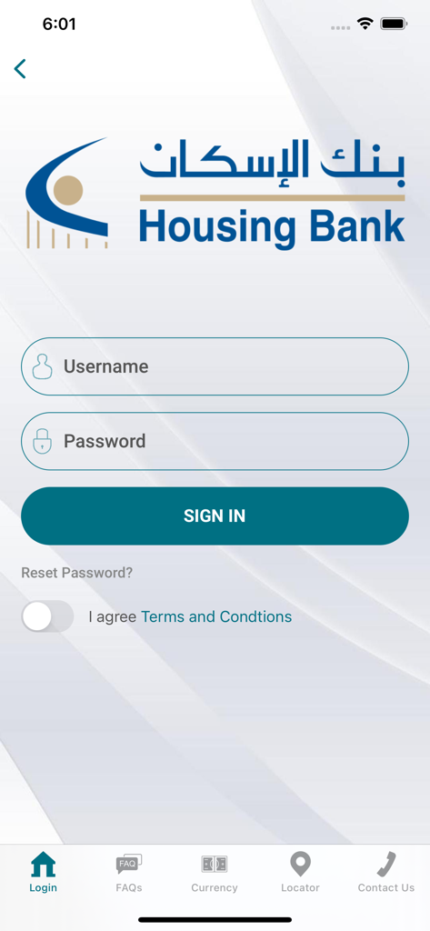 Login screen of the HBTF Bahrain mobile app featuring username and password fields.